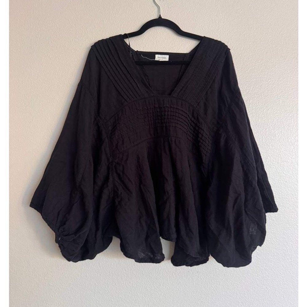 World Market Black Bell Sleeve Peasant Blouse XL Pintuck Boho Cottagecore Scandi